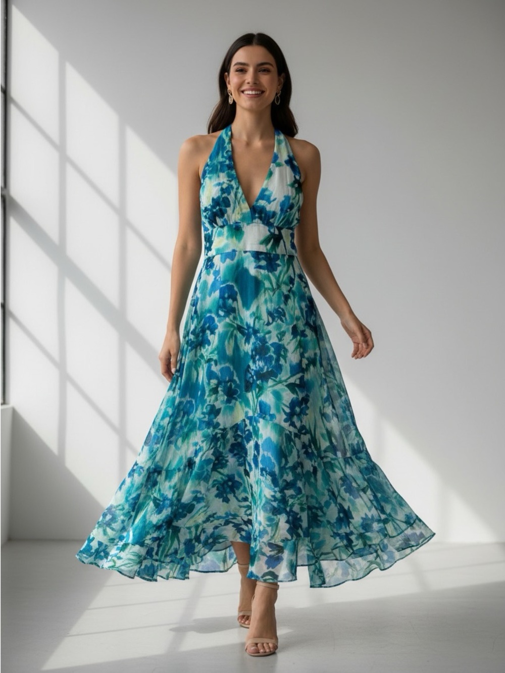 New DKNY Teal and Blue Floral One-Shoulder Halter Midi Dress size 12
